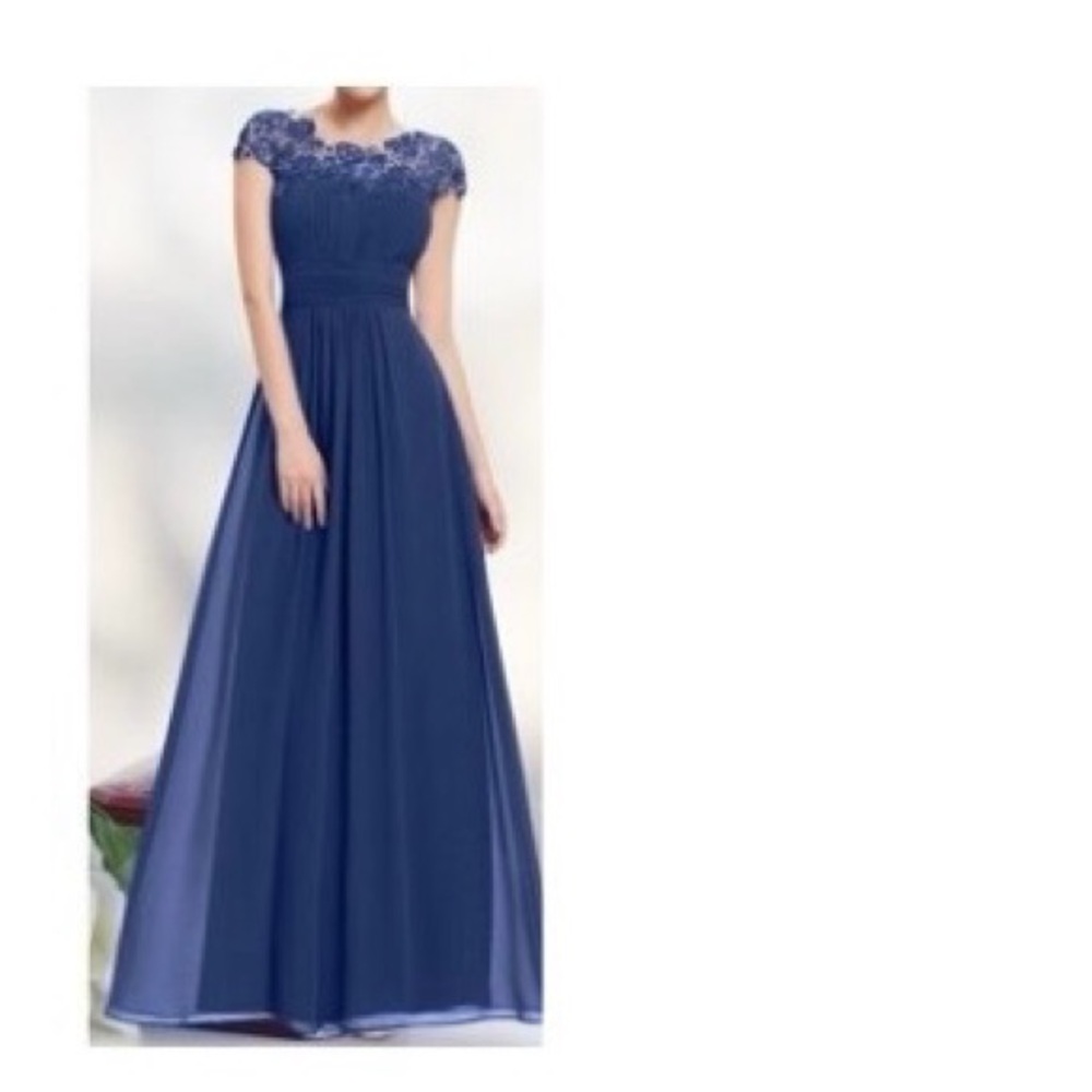 Women’s Blue Gown, lace neckline, bridesmaid, prom, formal